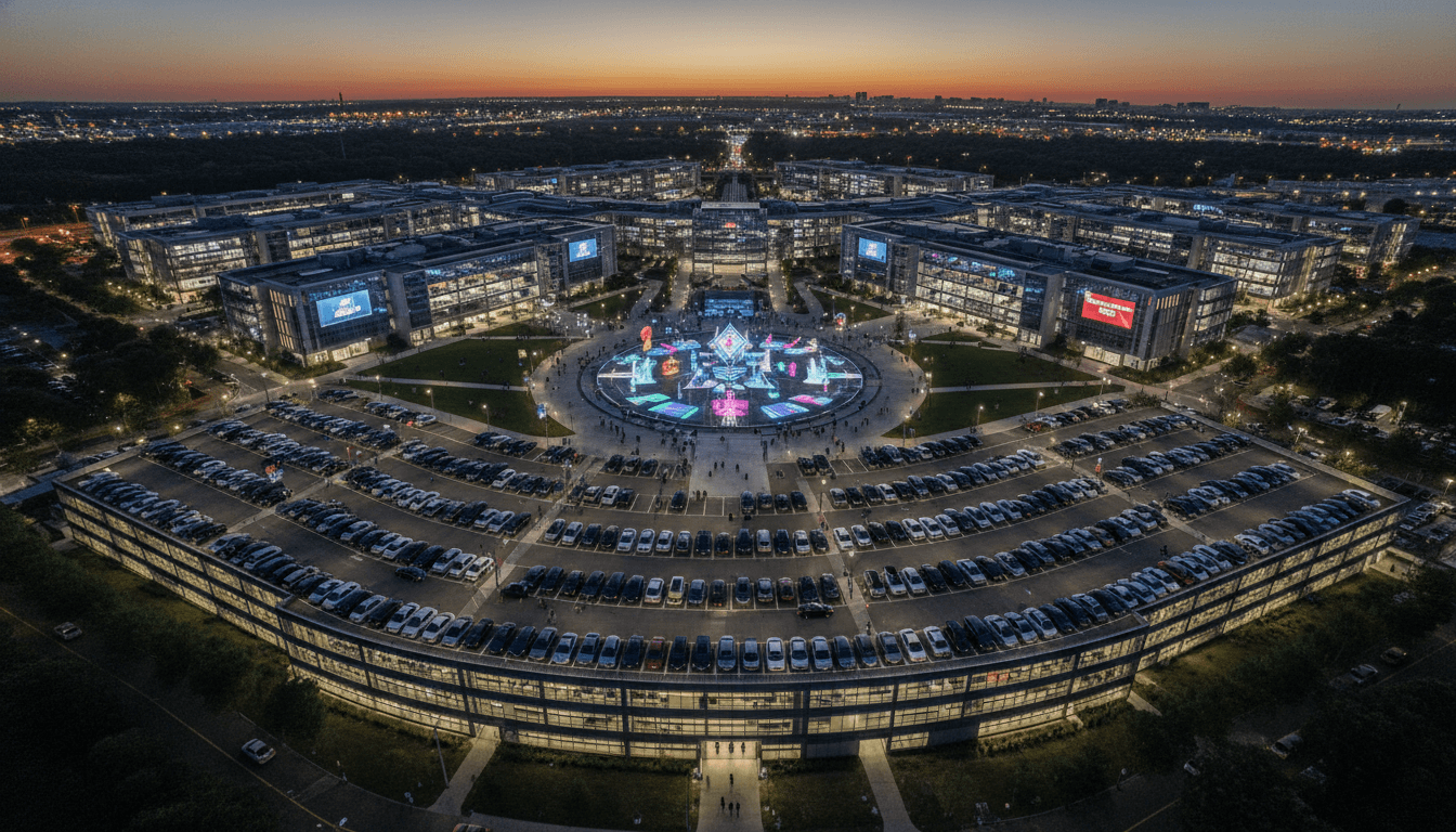 An aerial view of a sprawling, futuristic game development campus, bustling with activity, highlighting the massive infrastructure required for stunning AAA game costs.