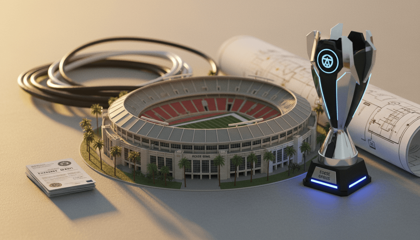 A detailed architectural rendering of the Rose Bowl stadium with subtle digital overlays suggesting network connectivity and modern display screens, highlighting the impact of Historic Rose Bowl Olympic Funds.