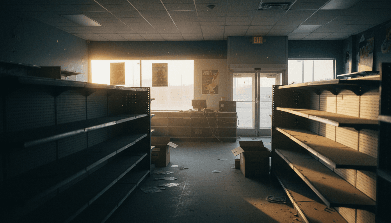 A dimly lit, empty GameStop store interior, with shelves visible but no products, conveying a sense of transition and future possibilities for GameStop acquisition targets.