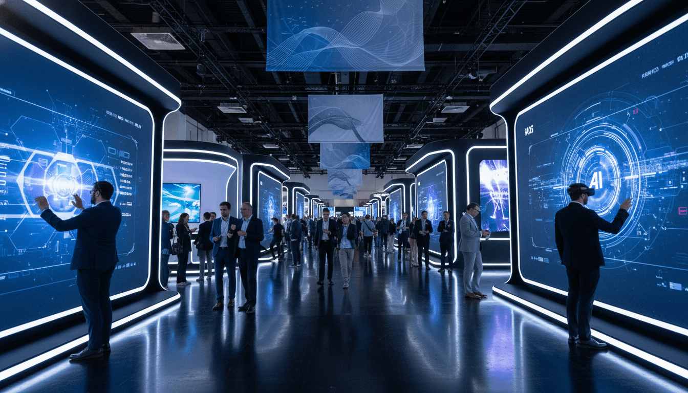 A bustling tech conference floor with numerous booths showcasing new gaming and AI technologies, highlighting the historic AI-fueled surge in investment.