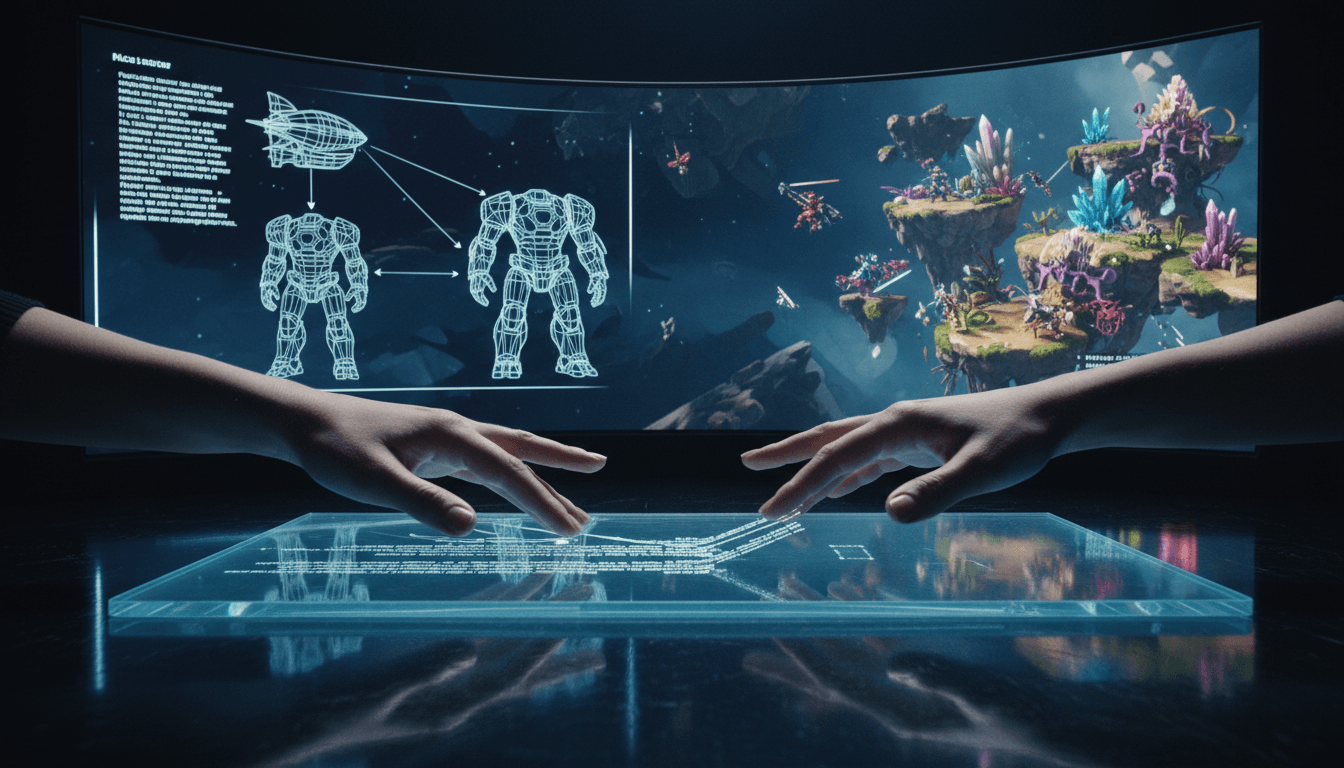 A developer interacting with a glowing holographic interface that visualizes the process of AI game creation, showing text prompts transforming into vibrant 3D game environments.