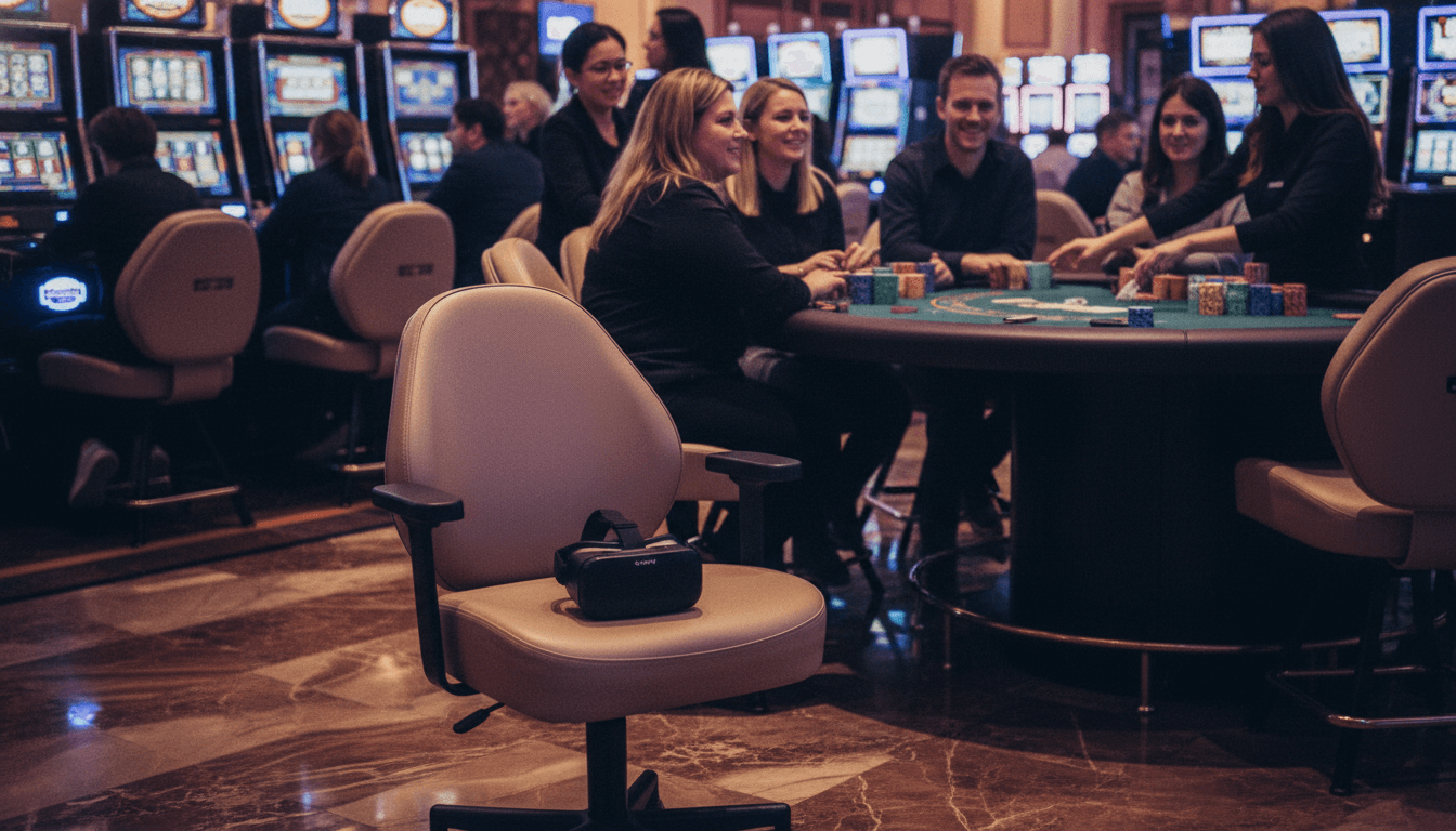 A bustling casino floor at a Boyd Gaming property, with slot machines glowing and people engaging in various games, reflecting a vibrant gaming atmosphere after a Boyd Gaming stock adjustment.