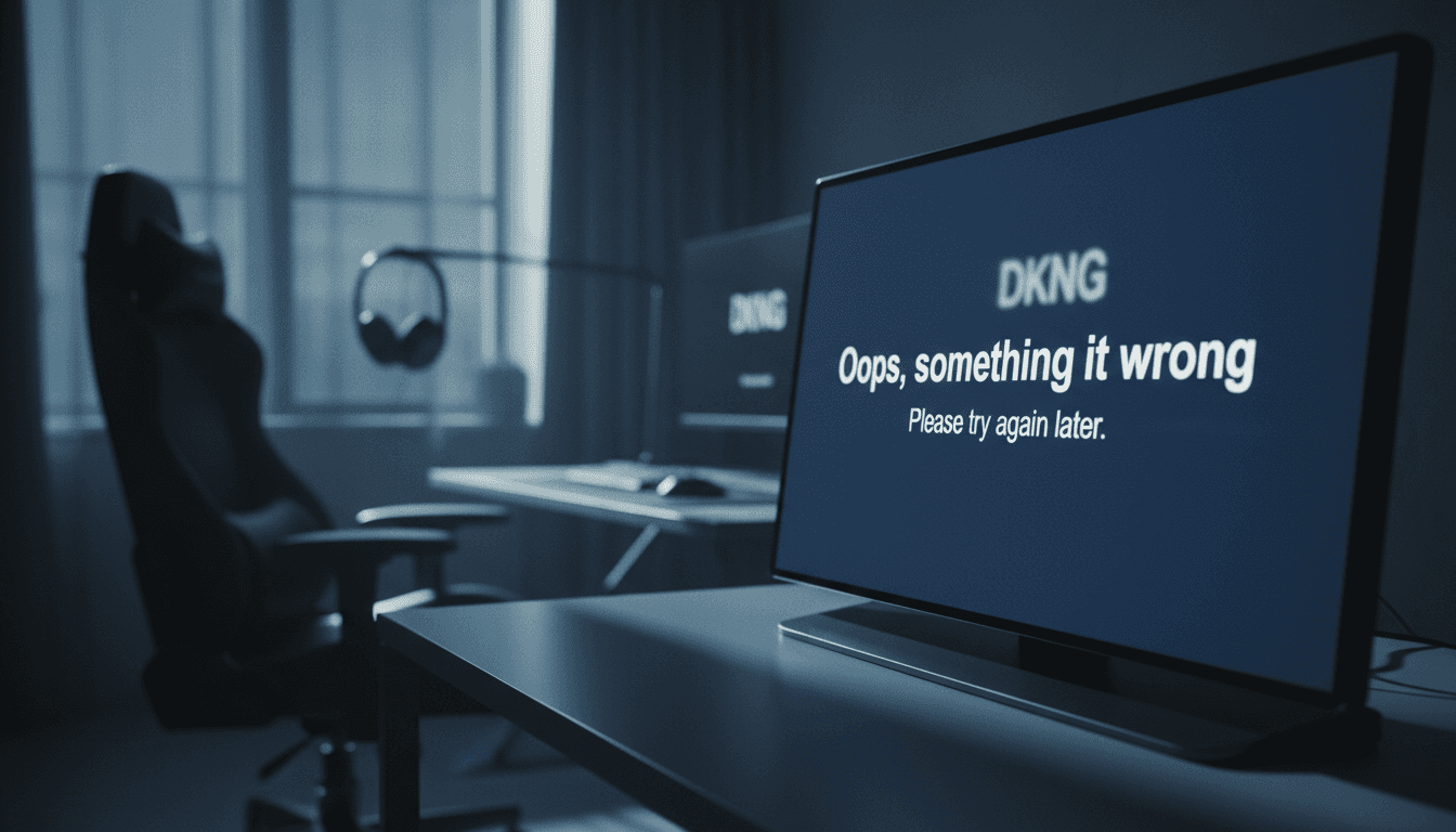 A close-up of a digital stock ticker displaying 'DKNG' and a placeholder error message, emphasizing the temporary disruption of the DKNG stock price data.