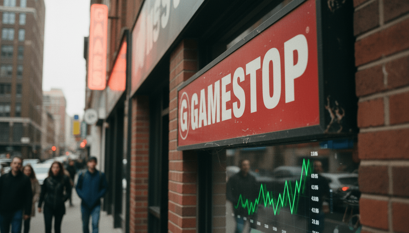 Close-up of a GameStop store front logo with a subtle reflection of a rising stock chart, symbolizing GameStop stock rises.
