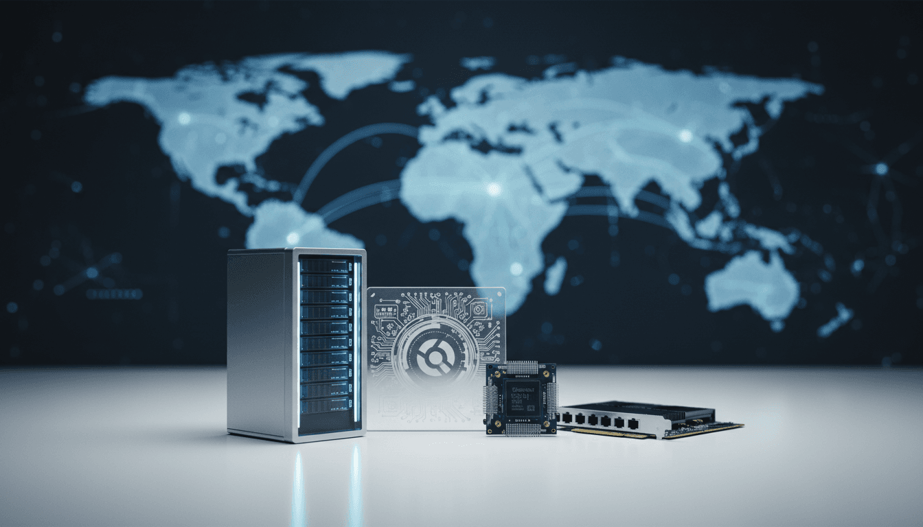 A detailed still life composition featuring a miniature server rack with glowing blue lights, a stylized 'Claude AI' logo on a futuristic data chip, a small Google TPU model, and a Broadcom network card, all arranged to symbolize the explosive Anthropic growth in AI infrastructure.