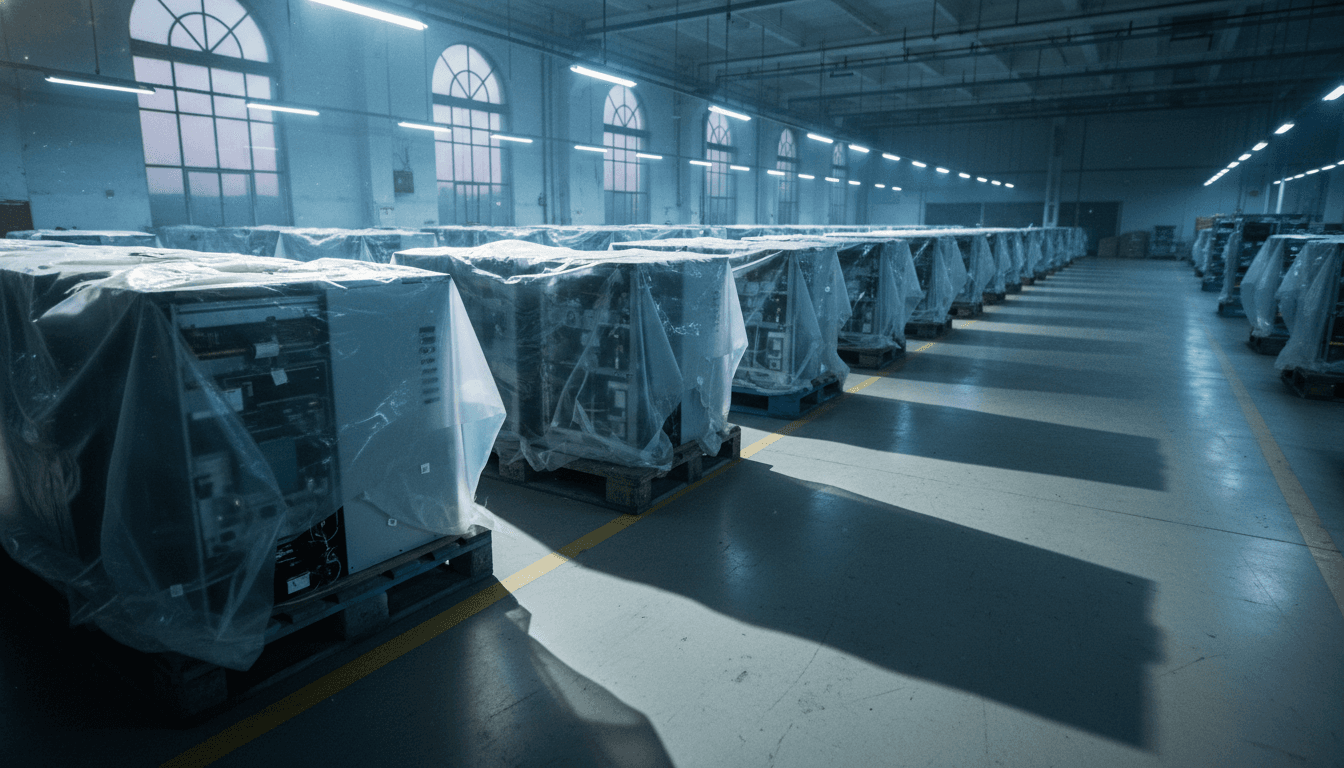 An empty, dimly lit factory floor, with power supply units (PSUs) stacked on pallets, awaiting assembly for the Project Helix console.