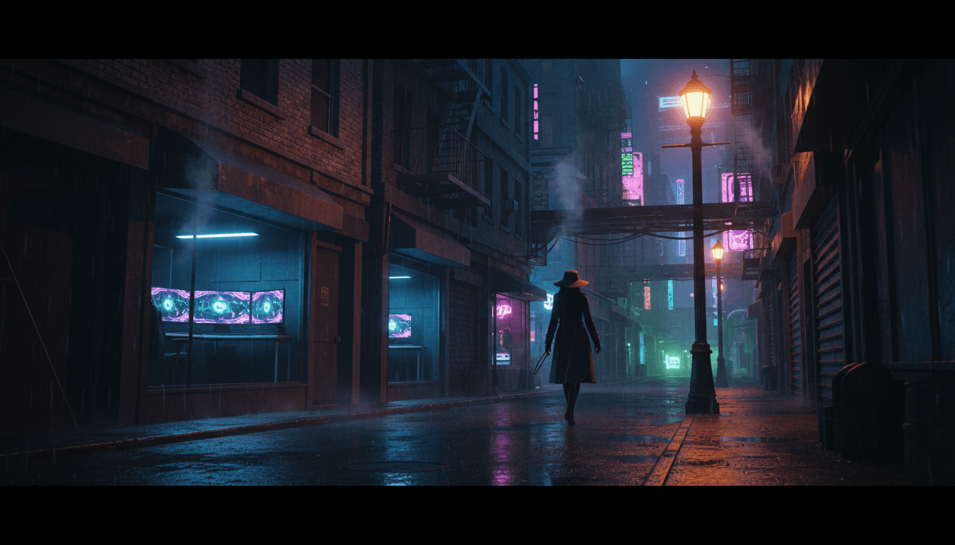 A stylized, moody cityscape in the art style of Samson: A Tyndalston Story, with a lone trench-coated figure walking through rain-slicked streets, reflecting the game's hardboiled narrative. The scene subtly highlights the Bold Samson Launch.