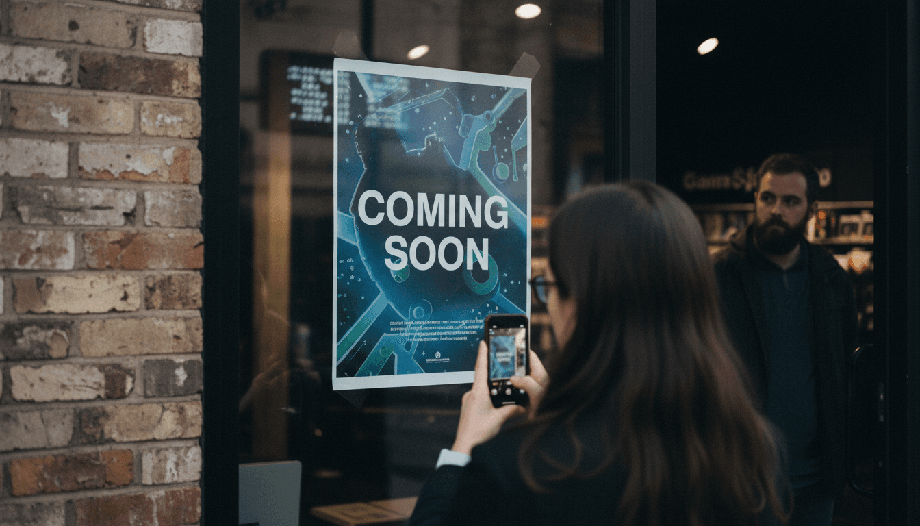 Close-up of a GameStop store facade with a 'Coming Soon' sign, subtly hinting at a new venture or GameStop acquisition buzz.