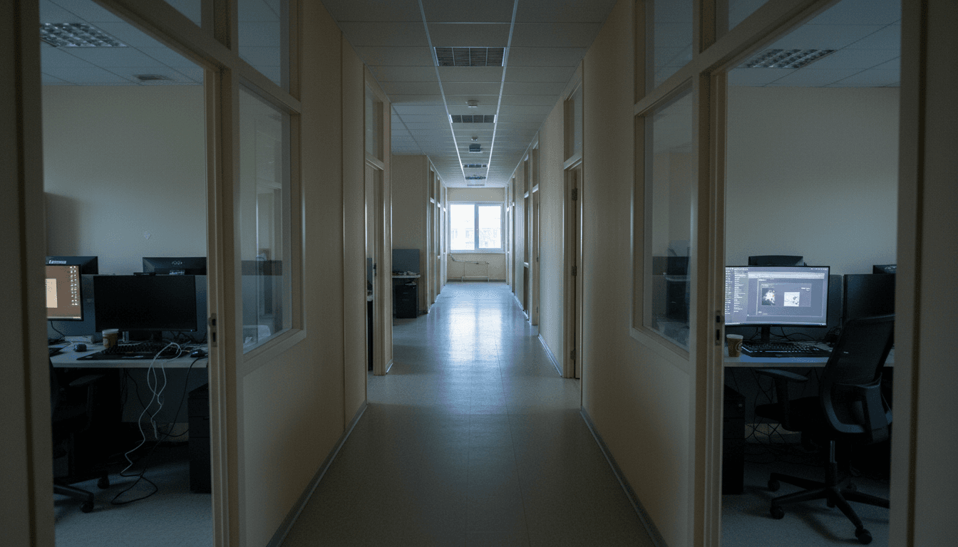 An empty, dimly lit office corridor within a game development studio, conveying the uncertainty of the Nacon studio sale situation.