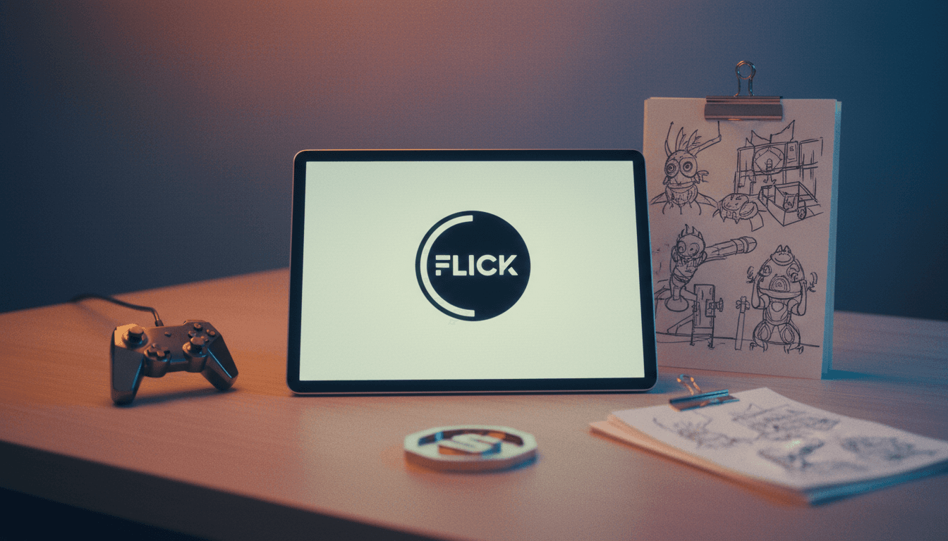 A stylized graphic representing the 'Flick' global game dev challenge logo, featuring a sleek, modern design with a subtle nod to gaming, surrounded by abstract digital art elements and a subtle indication of a $5 million support pool.