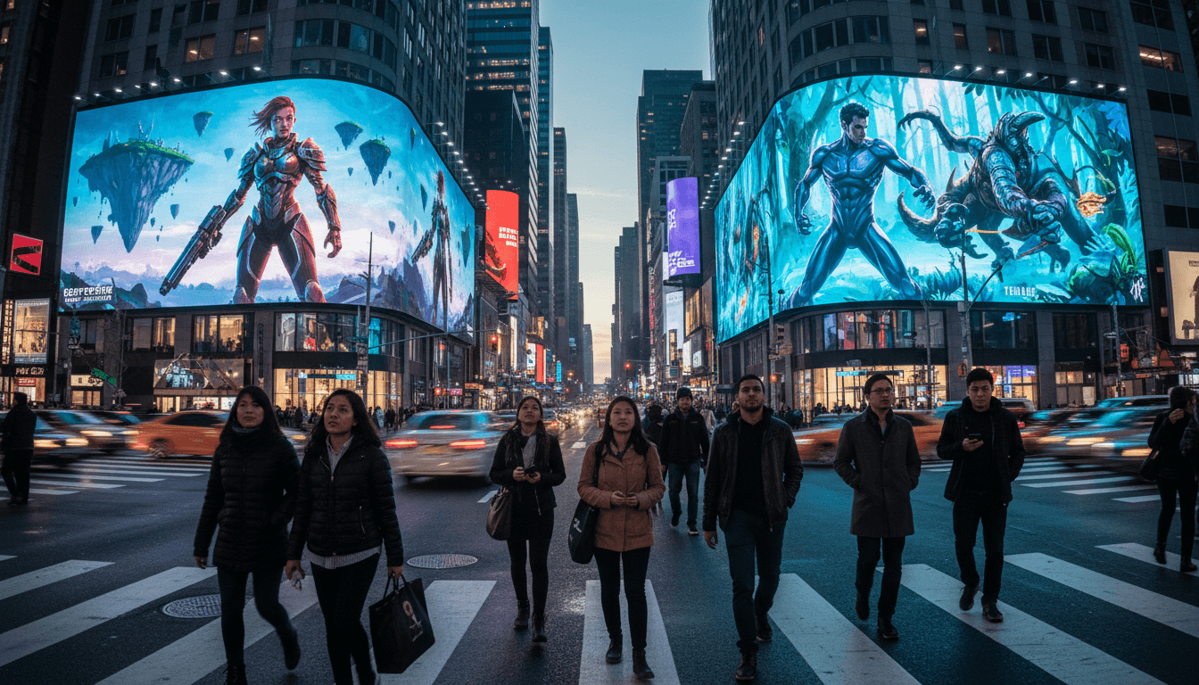 A bustling street level view of a digital billboard in a city center displaying a futuristic game advertisement, highlighting current gaming company valuations.
