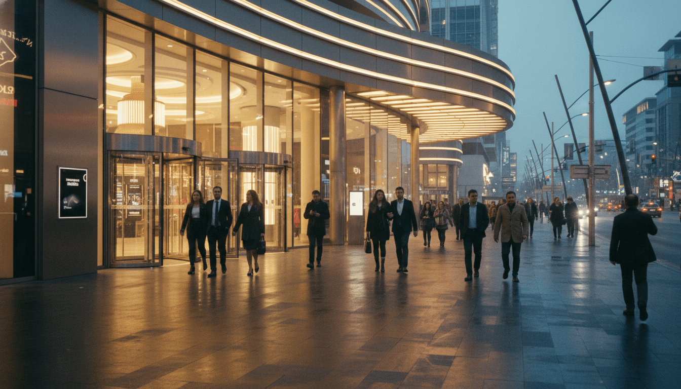 A bustling street scene outside a newly opened integrated resort, showcasing a vibrant entrance with people entering and exiting, hinting at the landmark casino tourism expansion.