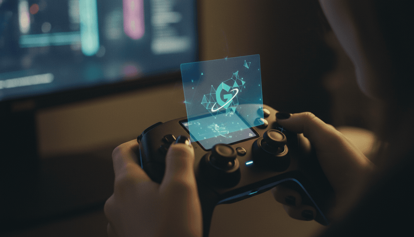 A close-up of a sleek, modern gaming controller, with a subtle, glowing holographic projection emanating from its central panel, displaying a minimalist, stylized brand logo or advertisement seamlessly integrated into the virtual environment it controls, symbolizing the future of in-game advertising facilitated by the Adrenaline Interactive win.