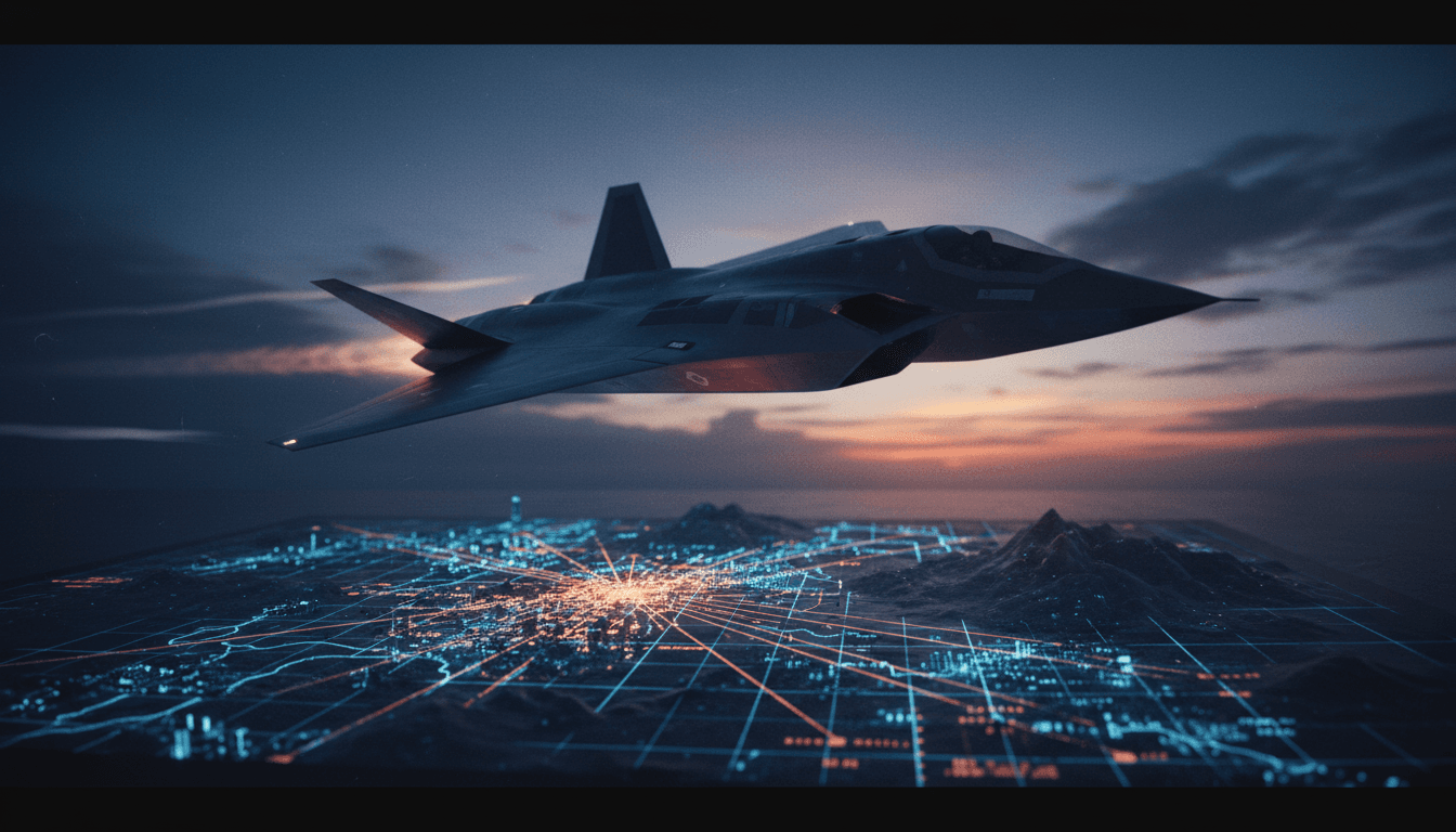 A futuristic military aircraft, sleek and dark, symbolizing the advanced stealth technology from the Pakistan China stealth deal, flying over a digital battlefield.
