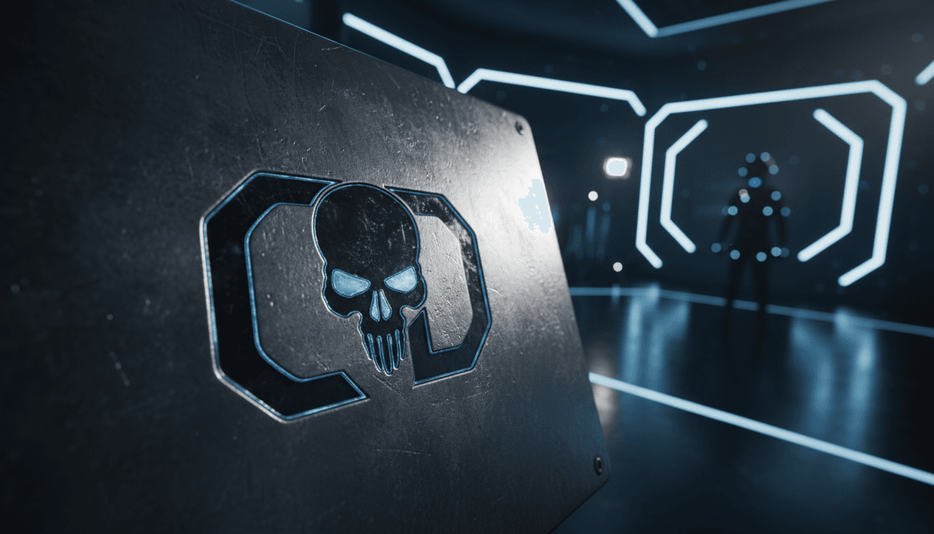 Close-up detail of a stylized Call of Duty logo emblem, perhaps on a metal texture, with subtle glowing edges, symbolizing the franchise's core identity and its strategic future.