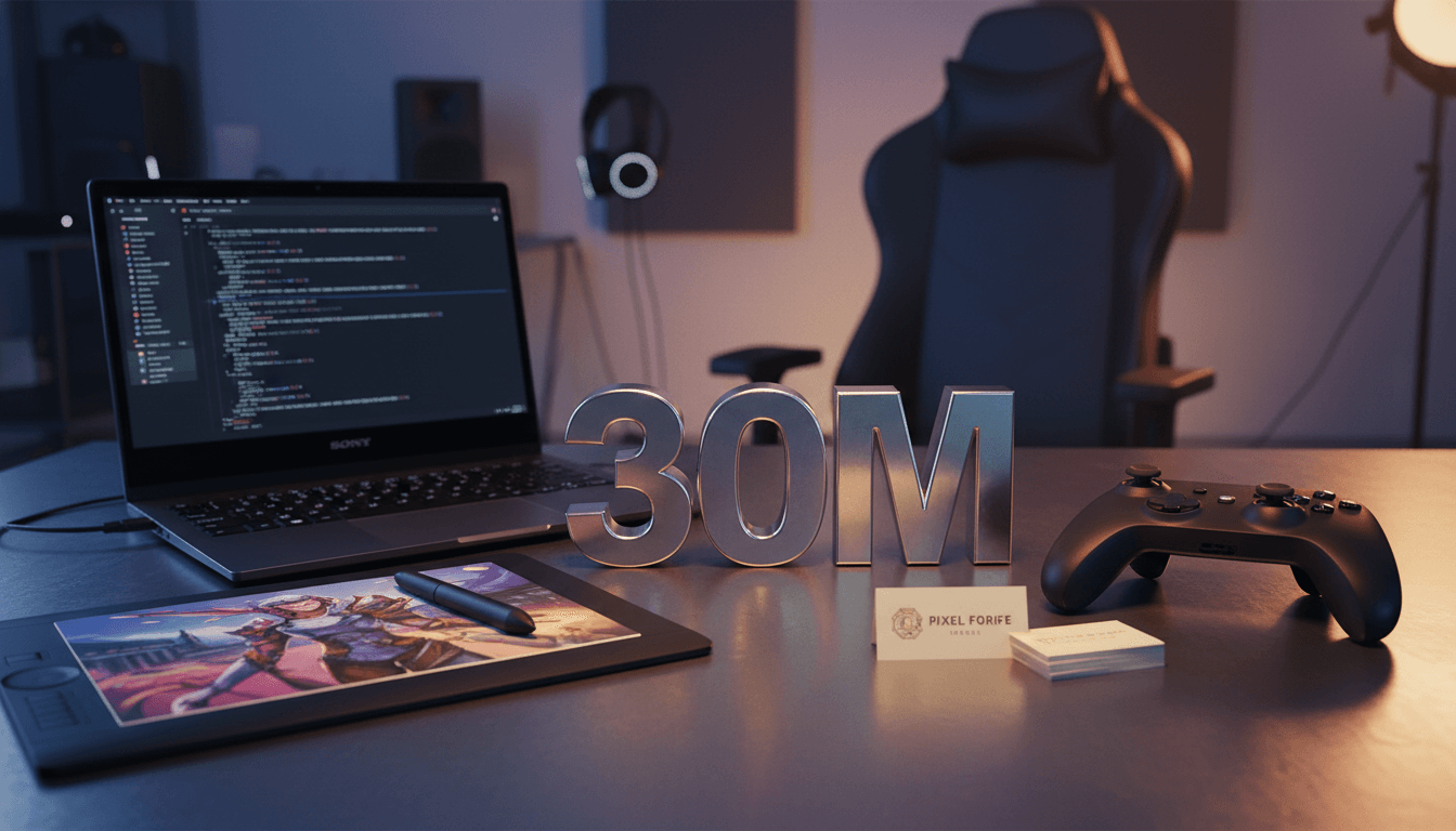 A stylized, illuminated 3D rendering of the number 30 million, surrounded by digital representations of game development tools like a laptop with code, a graphic tablet, a game controller, and concept art sketches, symbolizing the UK games funding boost.