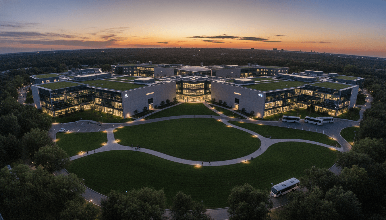 Aerial view of a sprawling gaming development campus with multiple buildings and green spaces, symbolizing a significant gaming valuation decline across the industry.