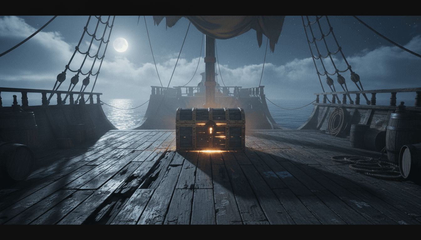 A dimly lit, atmospheric scene of a pirate ship's deck at night, with a treasure chest glowing faintly, representing bold pirate game funding.