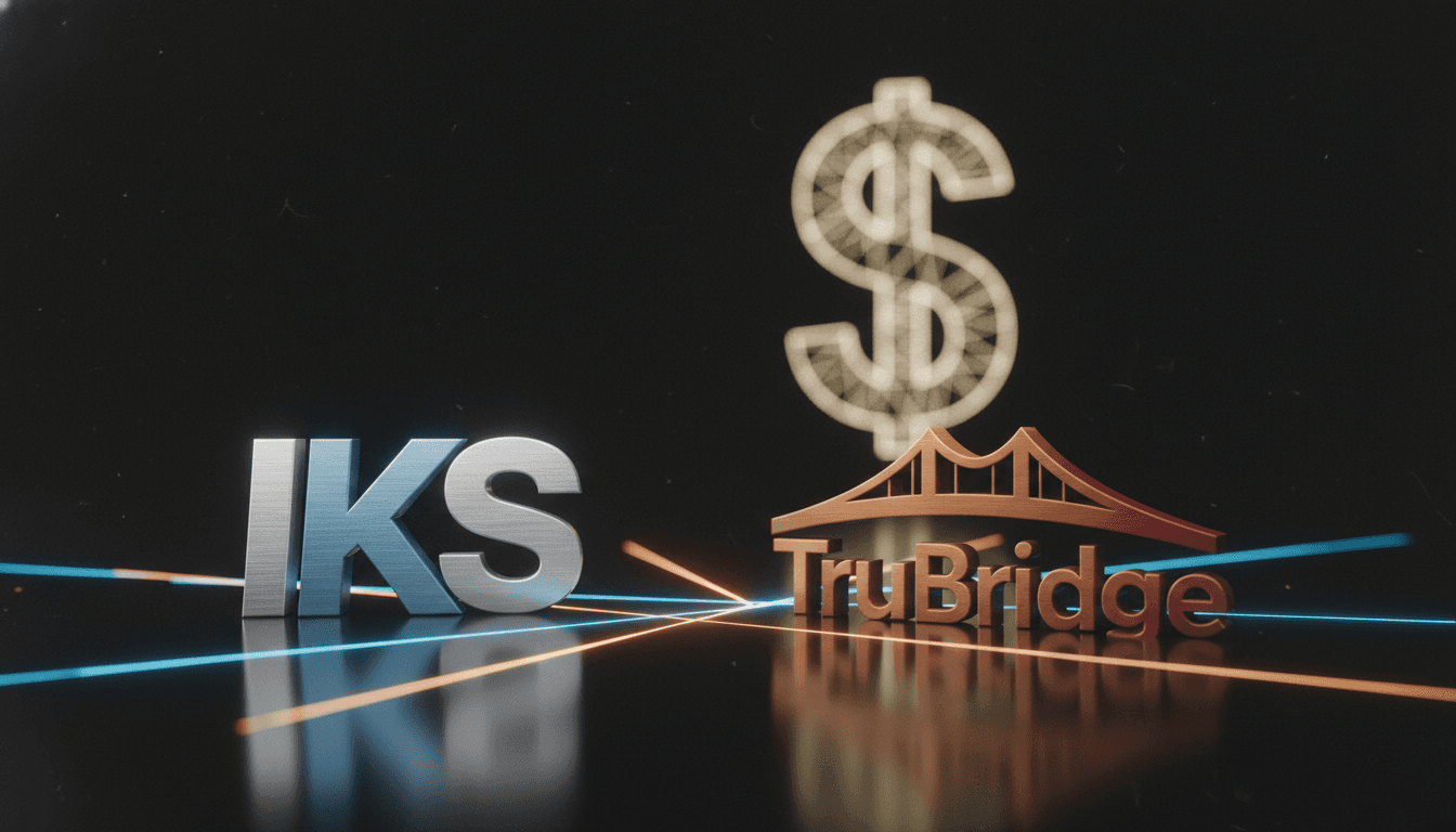 A stylized graphic representing the $600 million TruBridge deal. Two distinct corporate logos (representing IKS Health and TruBridge) are digitally merged, surrounded by abstract glowing lines signifying AI and data flow. A prominent digital dollar sign is subtly integrated into the design, emphasizing the financial scale of the TruBridge deal.