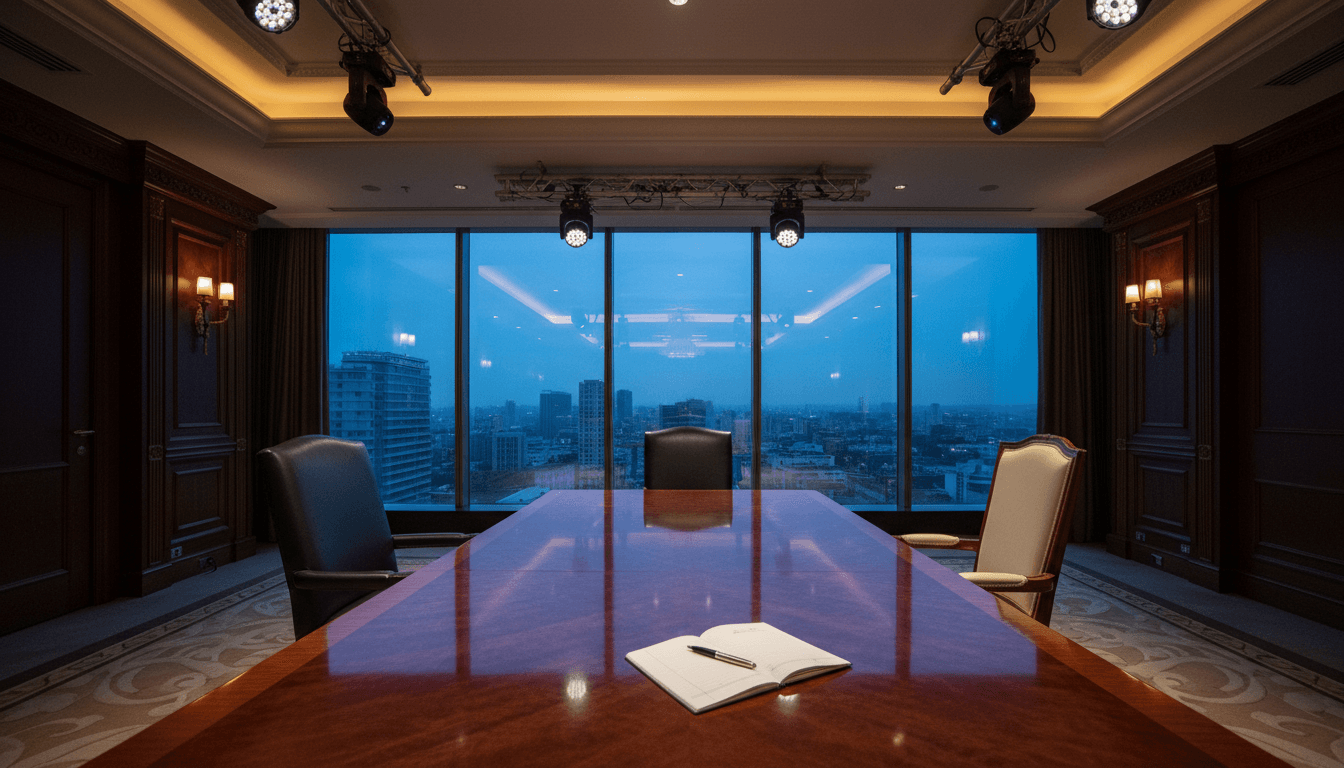 A dimly lit, empty negotiation room with a large, polished conference table, subtly hinting at the high-stakes discussions where Riot Games almost bought Ashes of Creation.