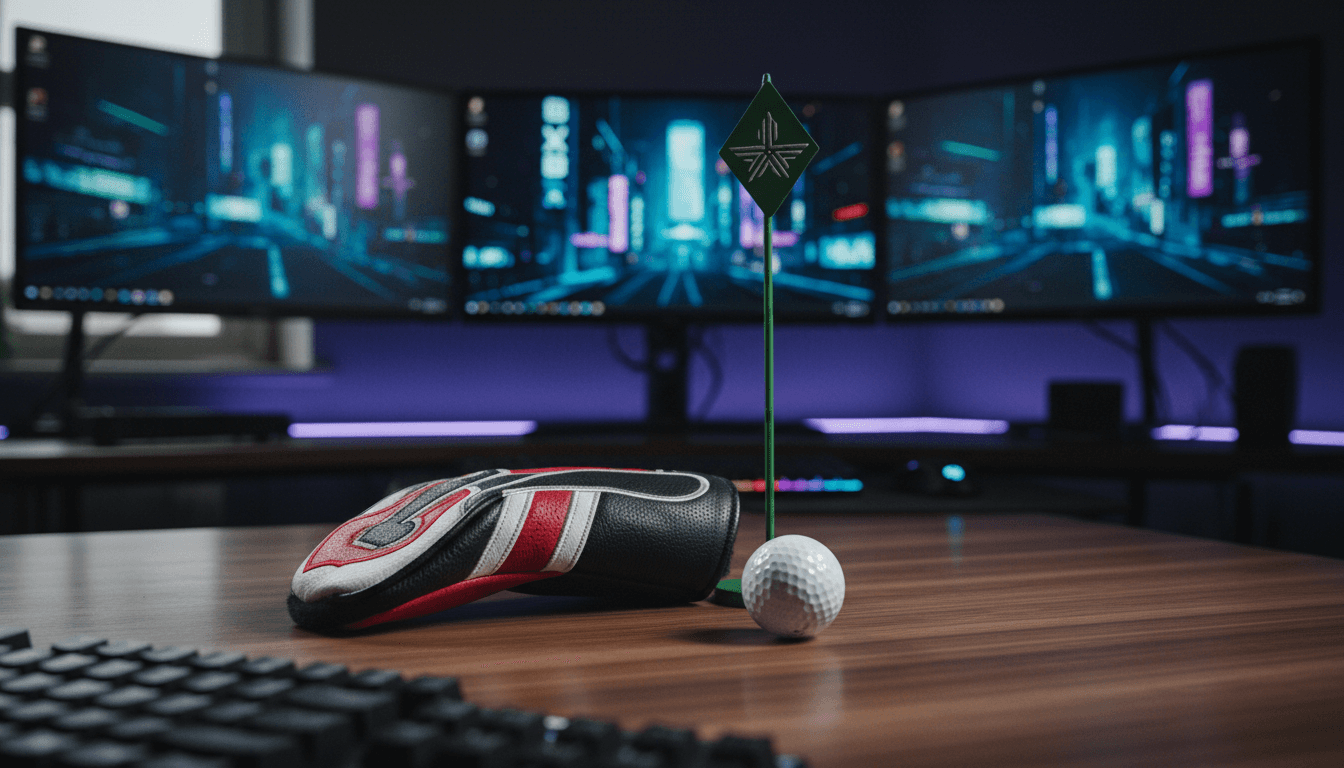 A golf club and ball resting on a pristine green, with a subtle PIF Golf review logo in the background.