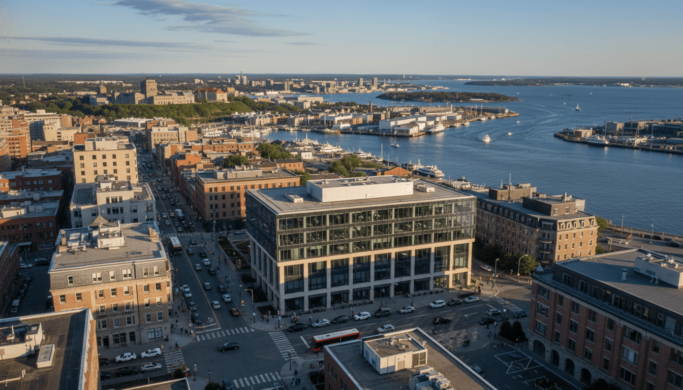 An aerial view of the city of Halifax, Nova Scotia, with the Ubisoft Halifax studio building subtly highlighted within the urban landscape, showcasing the location of the Ubisoft Halifax settlement.