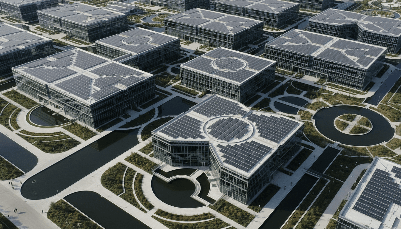An aerial perspective of a sprawling, futuristic game development studio campus, with multiple buildings connected by elevated walkways and green spaces, showcasing the scale of Alibaba's investment in AI models for video games.