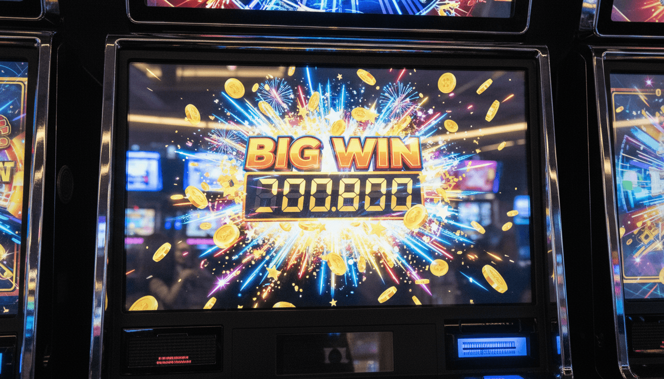 Close-up of a casino slot machine screen displaying a 'BIG WIN' animation, with digital currency amounts flashing, symbolizing strong Pennsylvania gaming revenue.