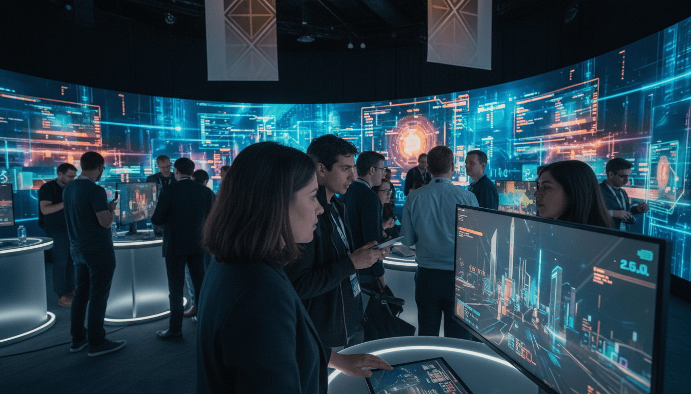 A bustling tech conference hall with large LED screens showcasing futuristic game concepts and AI gaming fund logos. Attendees wear VR headsets.