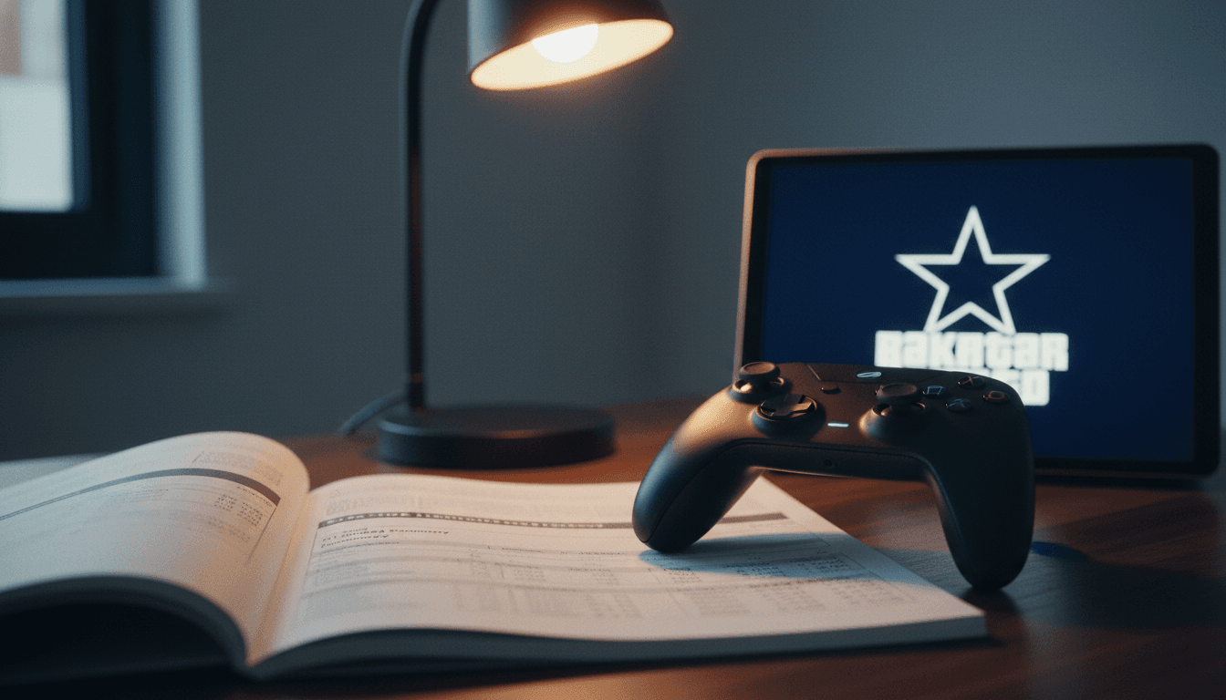 A curated still life featuring a Take-Two Interactive annual report open to a financial summary, alongside a gaming controller, and a discreet logo for a major Take-Two franchise, symbolizing the company's financial performance following its Take-Two delivers Q1 2026 EPS beat.