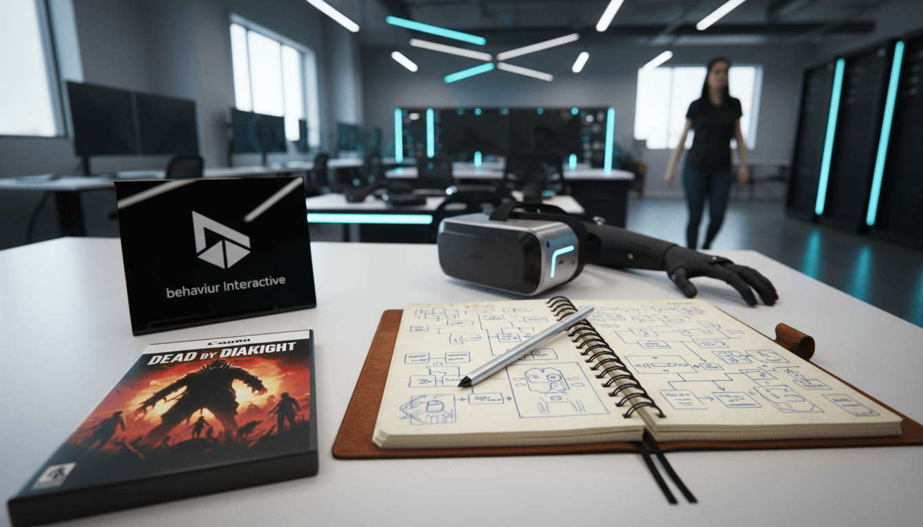 A still life composition featuring a Dead by Daylight game case, a Behaviour Interactive studio logo, and a developer's notebook with game design sketches, symbolizing the Behaviour Interactive layoffs and studio operations.