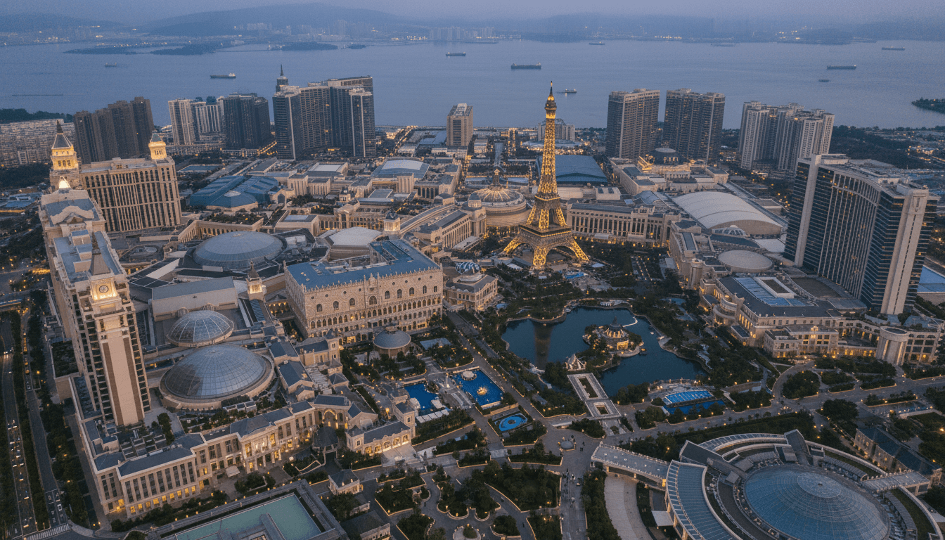Aerial view of Sands China's integrated resorts in Macau, showcasing the scale and grandeur that contribute to Sands China revenue, profit soar.