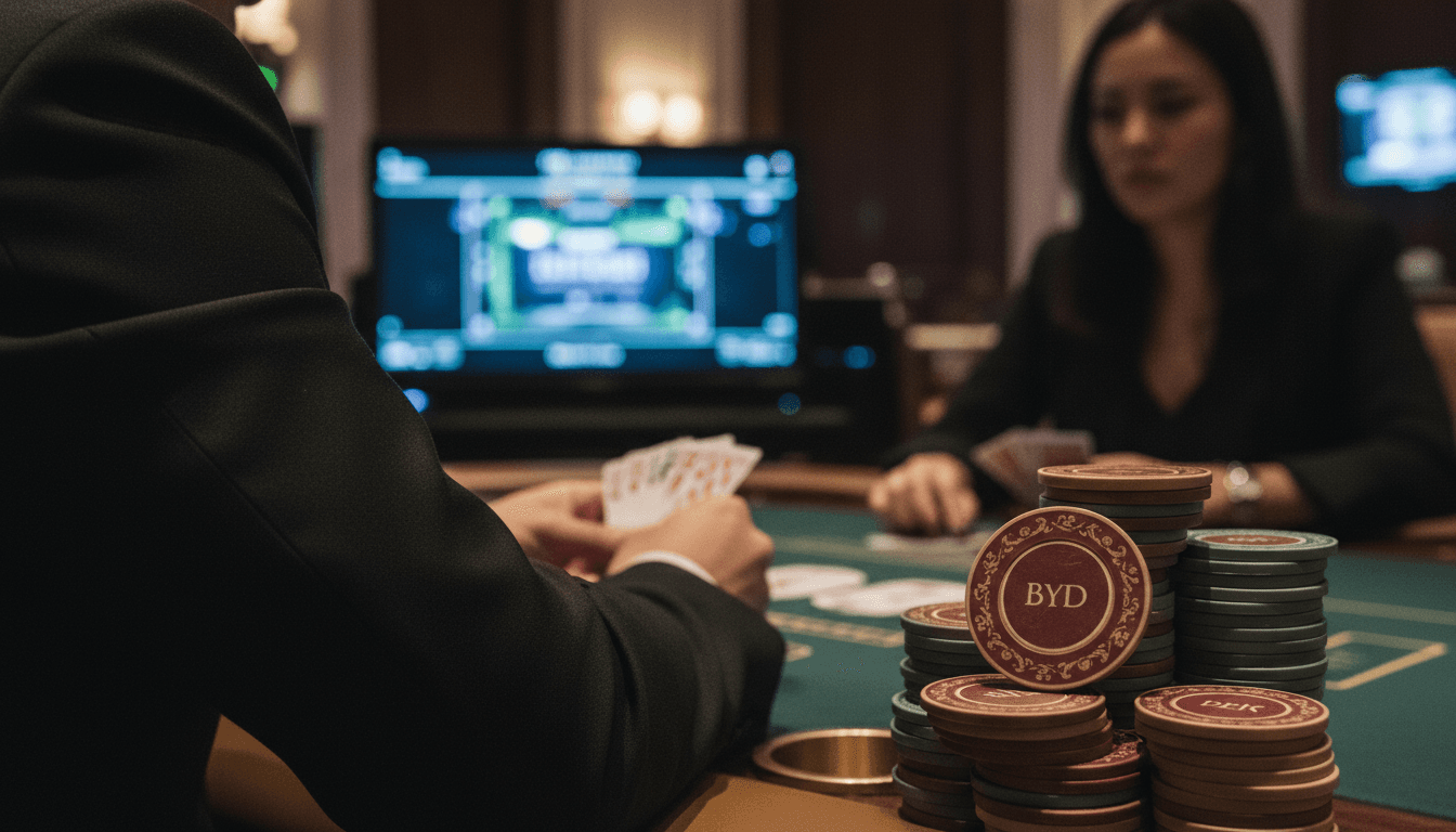 A close-up of a casino chip stack, featuring the Boyd Gaming Corporation's logo subtly embossed, reflecting the company's financial operations.