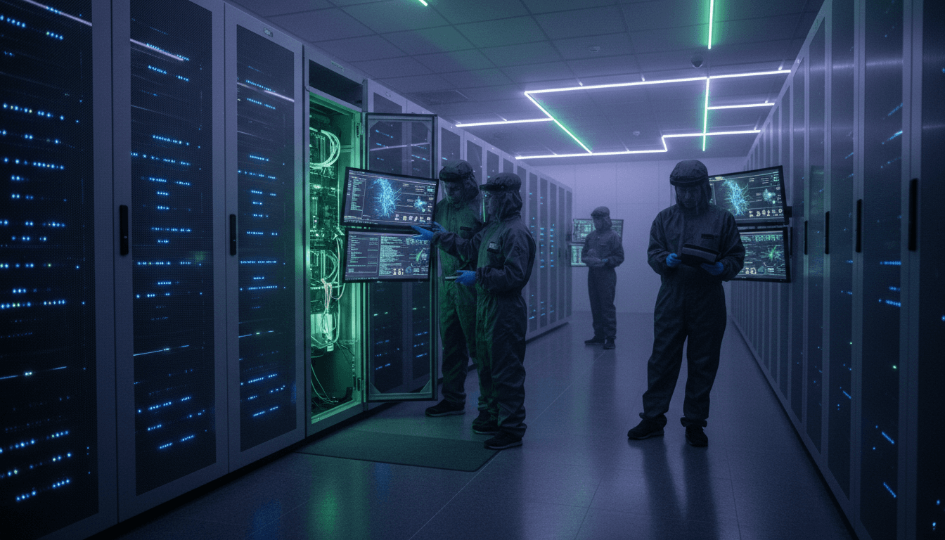A complex server rack filled with advanced AI hardware, glowing with indicator lights, representing the core of a gaming infrastructure shift.