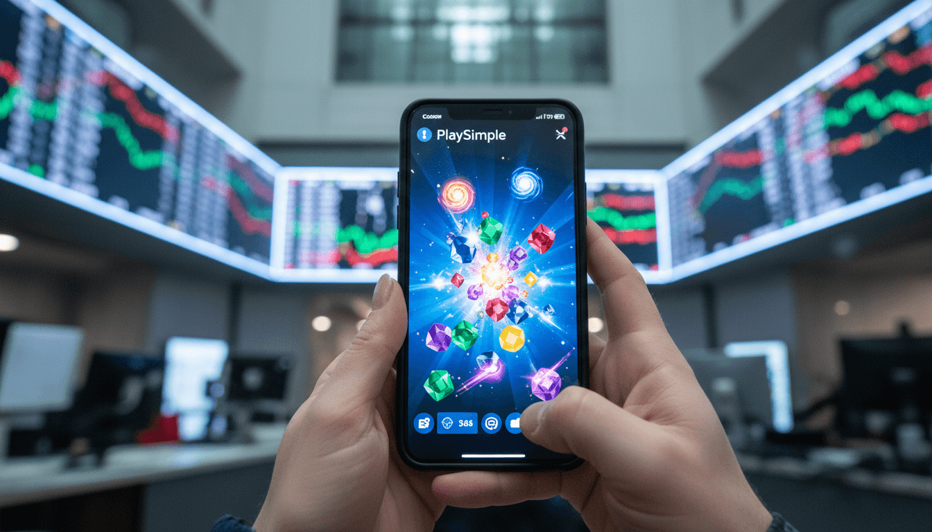 A vibrant mobile gaming screen displaying a PlaySimple puzzle game, with a subtle overlay of financial charts and the Indian stock exchange building in the background, symbolizing PlaySimple files for $335 Million IPO in India.