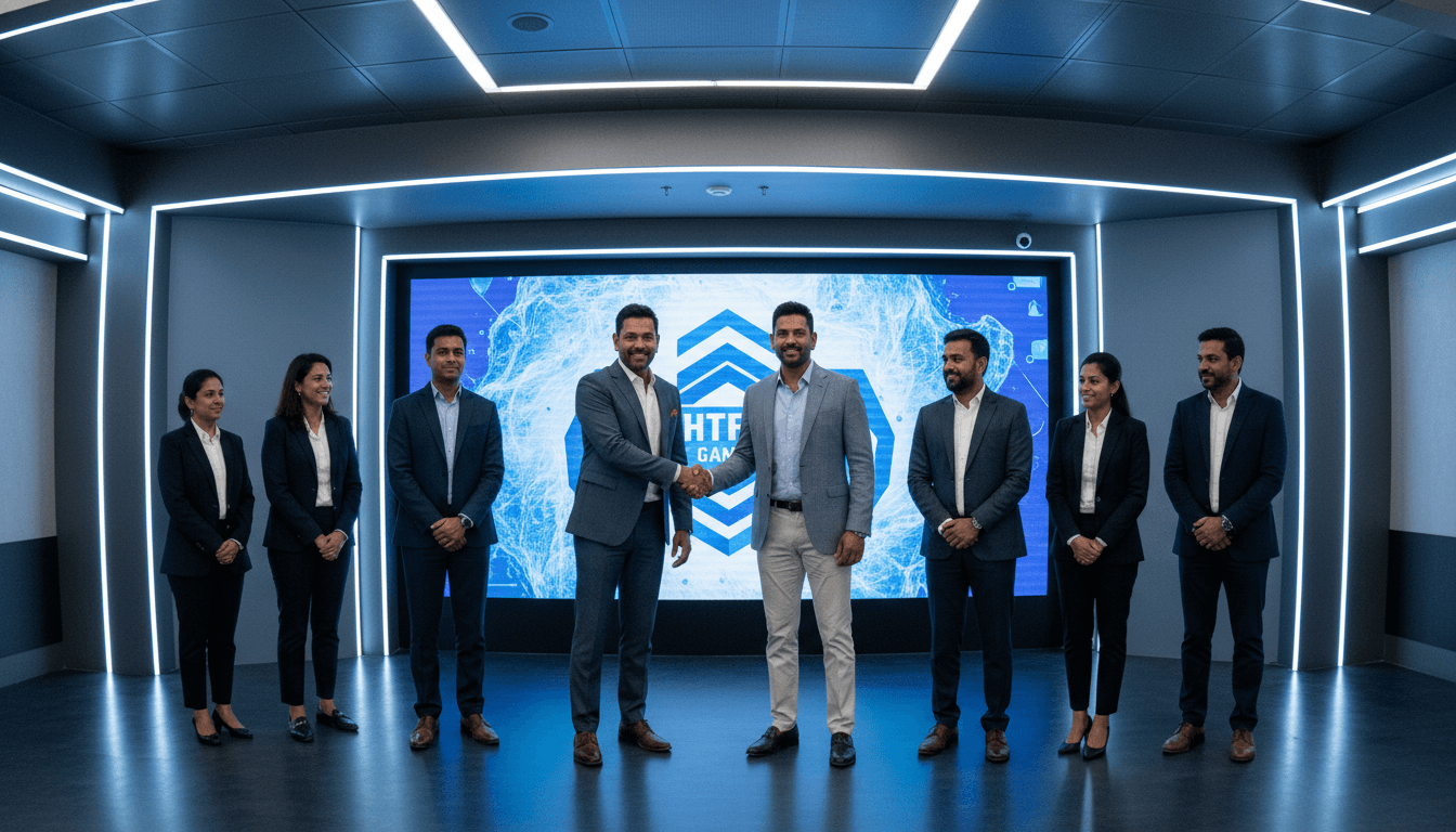 Cricket stars MS Dhoni, Jasprit Bumrah, and Hardik Pandya shaking hands with LightFury Games executives after announcing $11 million funding.