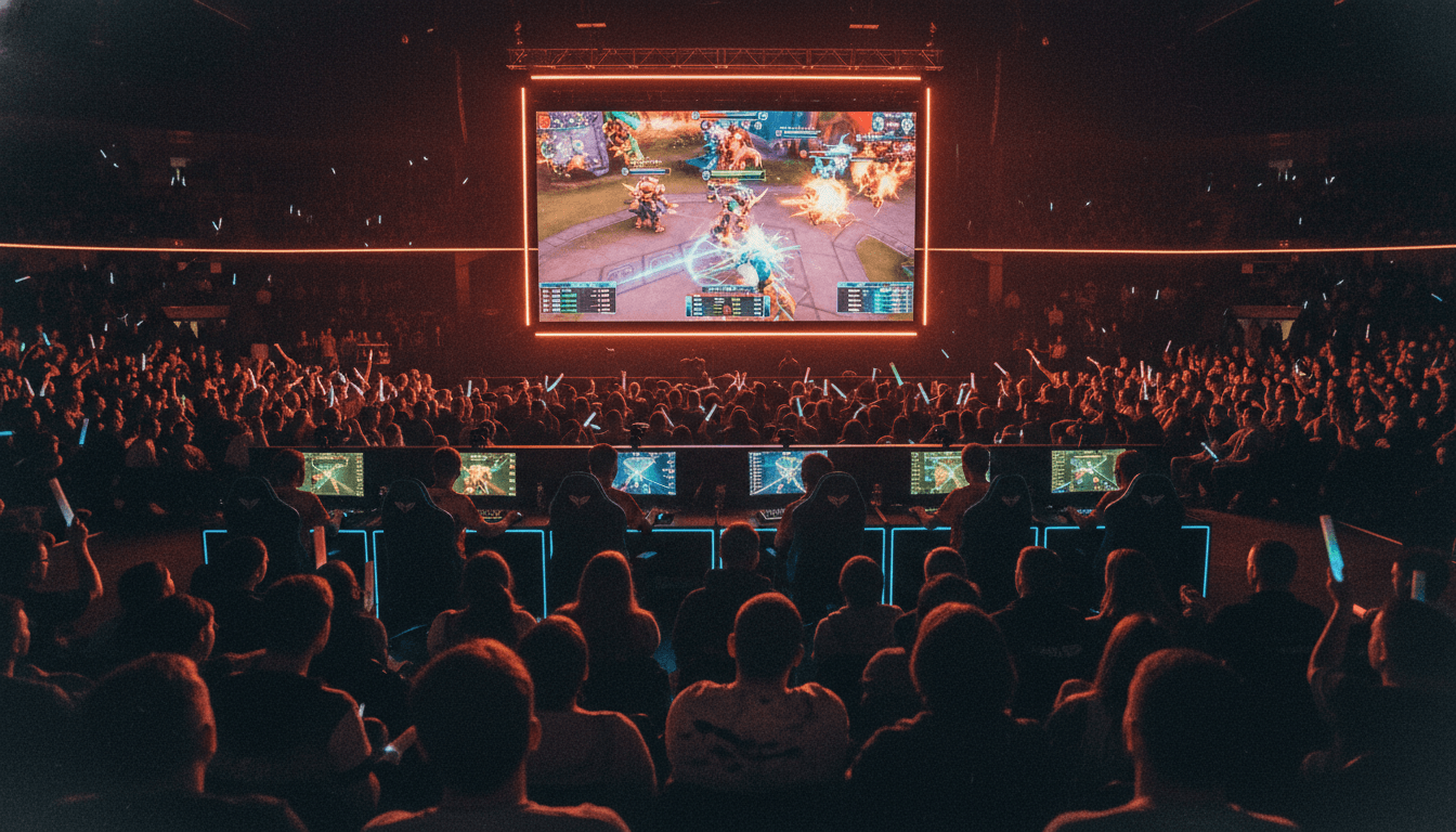 A bustling esports arena with a large LED screen displaying a vibrant game in progress, symbolizing NetEase's gaming-led earnings strength despite NetEase share price weakness.