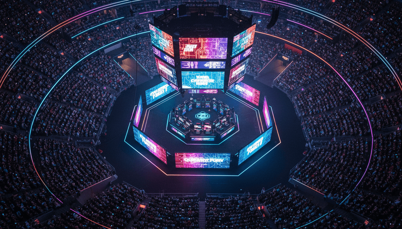 Aerial view of a bustling esports arena with a 'stalled gaming growth' banner subtly integrated into the stadium's digital advertising, showing a large crowd.
