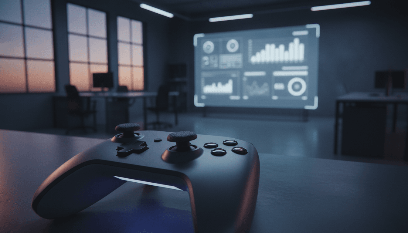 An empty, futuristic game development studio at dusk, with holographic displays showing AI-driven cost cuts projections.