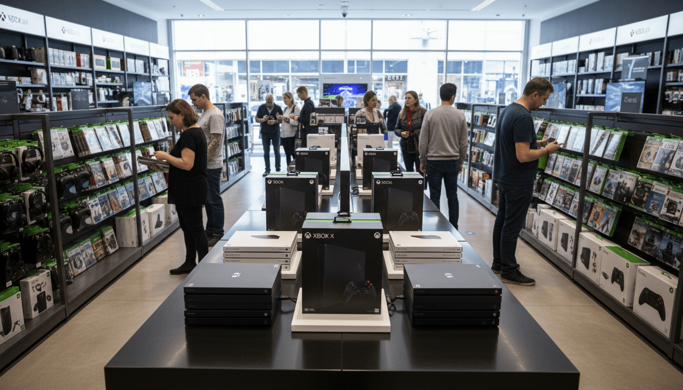 A wide shot of a modern gaming store aisle featuring Xbox consoles and game boxes, illustrating the context where Xbox revenue falls again.