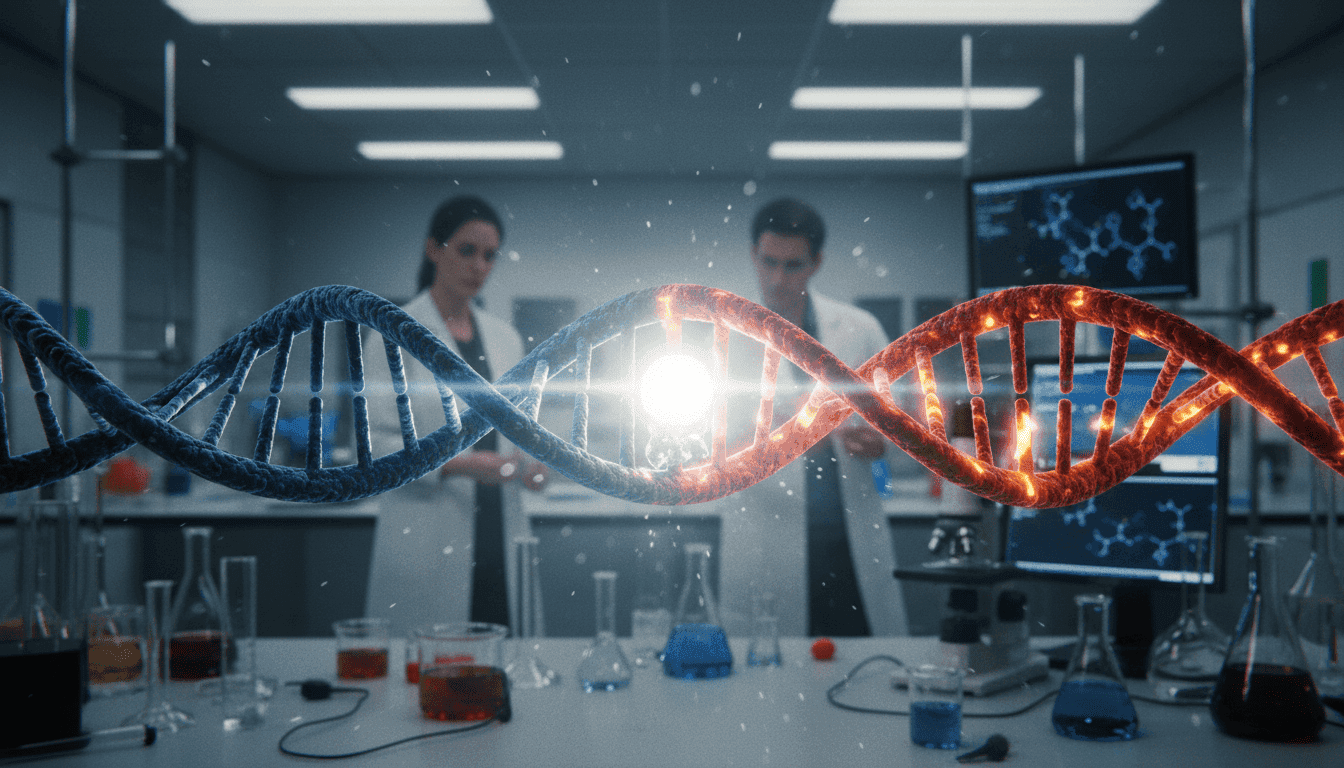 A conceptual image of intertwined DNA strands, one with a cancer cell marker and the other with a herpes virus marker, merging into a single therapeutic pathway, symbolizing how a cancer drug may treat drug-resistant herpes.