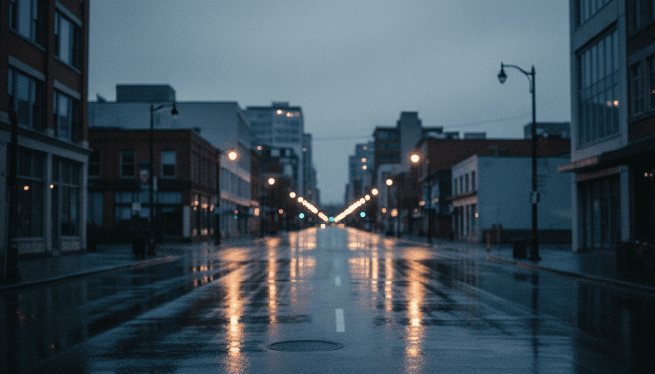 A somber, overcast sky hangs over a quiet, empty urban street, conveying the quiet devastation of the opioid crisis in British Columbia.