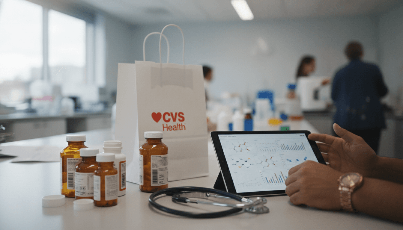 A meticulously arranged still life featuring four distinct, modern pharmaceutical pill bottles, each with a unique label and color, alongside a CVS Health branded prescription bag, a stethoscope, and a digital tablet displaying medical data, all on a polished laboratory counter, symbolizing the upcoming landmark drug treatments.