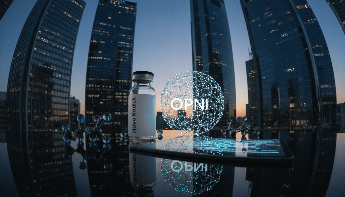 A stylized representation of a groundbreaking AI partnership, showing Novo Nordisk and OpenAI logos intertwined with neural network patterns and molecular structures.
