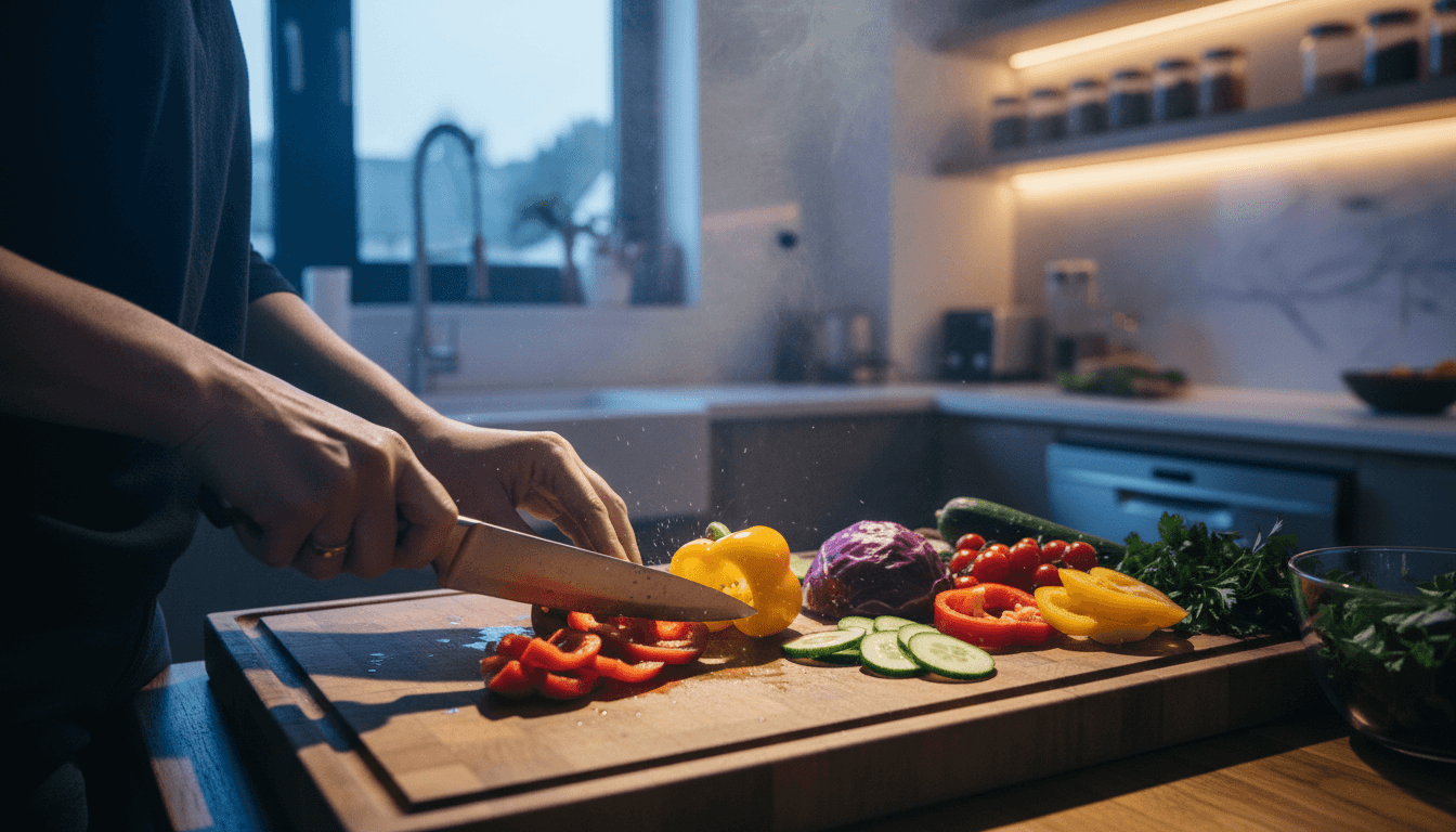A person preparing a vibrant, healthy meal in a modern kitchen, symbolizing the link between a healthy diet early lung cancer diagnosis.