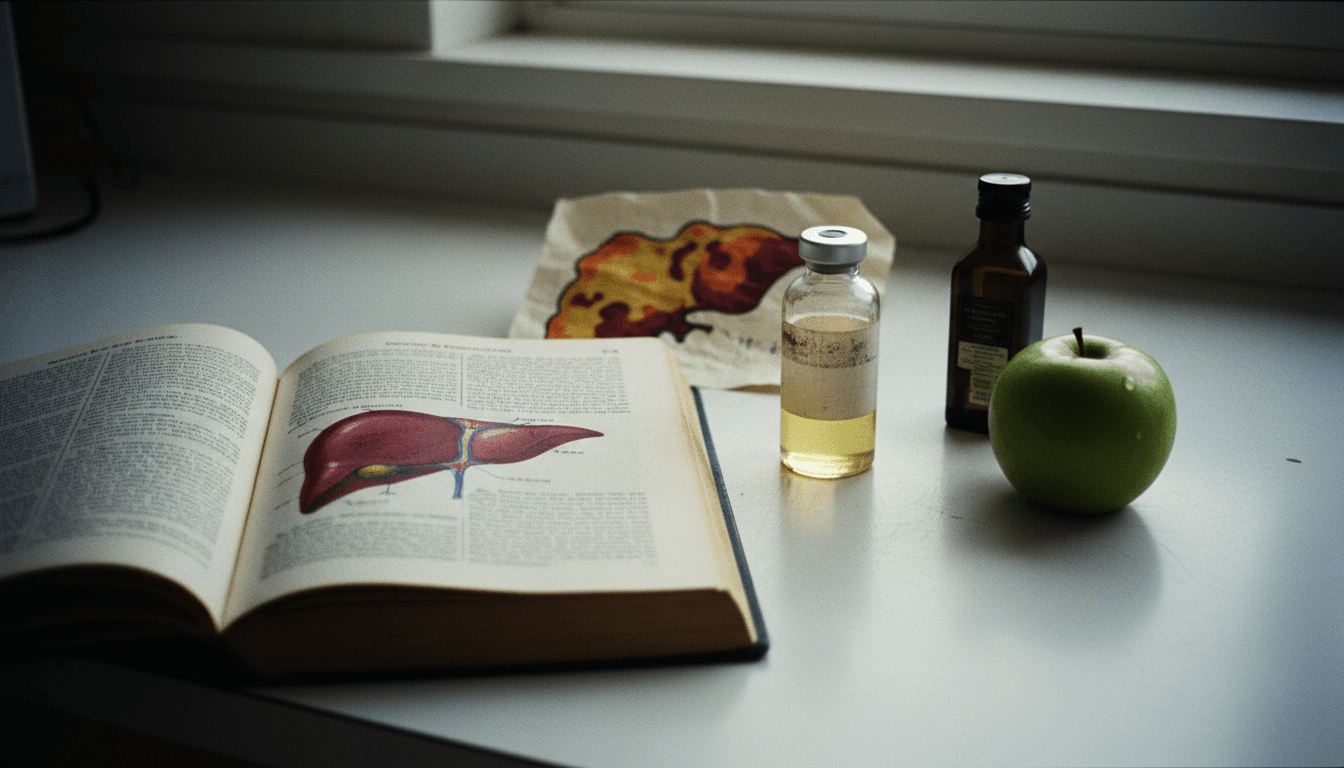 A still life composition featuring a medical textbook opened to a page on Hepatitis A, alongside a diagram illustrating a fatty liver, a vial with a 'Hepatitis A' label, and a green apple and a small bottle of olive oil, symbolizing dietary factors related to fatty liver.