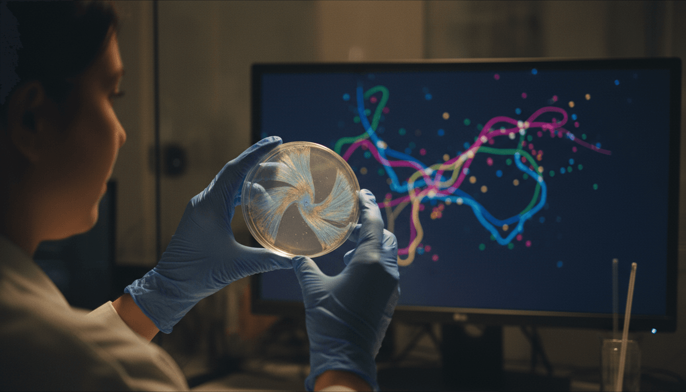 Close-up of a medical researcher carefully examining a petri dish under a microscope, with 'groundbreaking prostate cancer drug' data displayed on a screen in the blurred background.