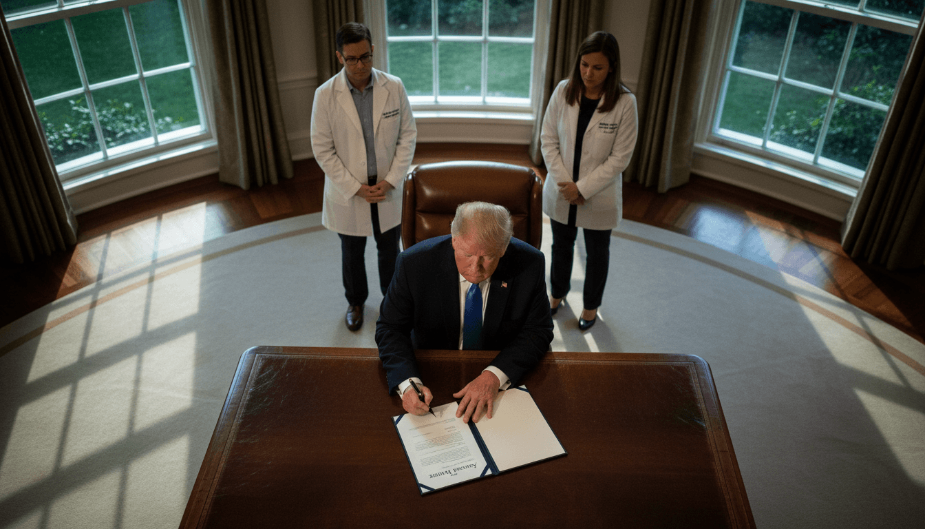 President Trump signing an executive order to accelerate psychedelic drug reviews at a desk, surrounded by medical professionals.