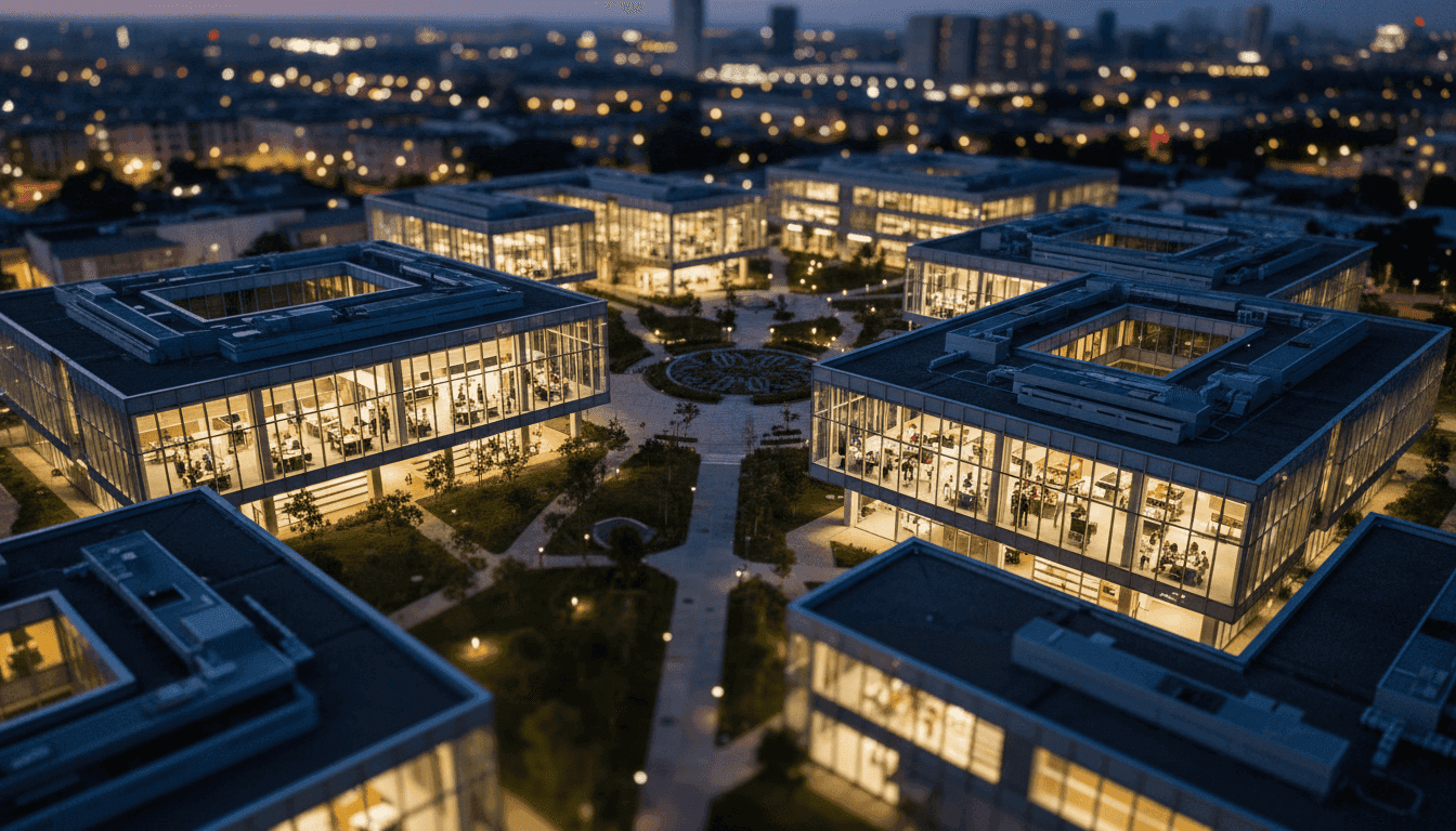 An aerial view of a bustling research campus, symbolizing advanced regional vaccine R&D and collaboration.