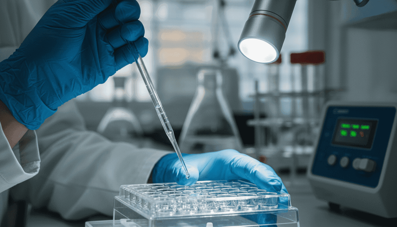 A researcher in a lab coat precisely pipetting a sample into a microplate, symbolizing the discovery of a new treatment target for fatal infant heart disease.